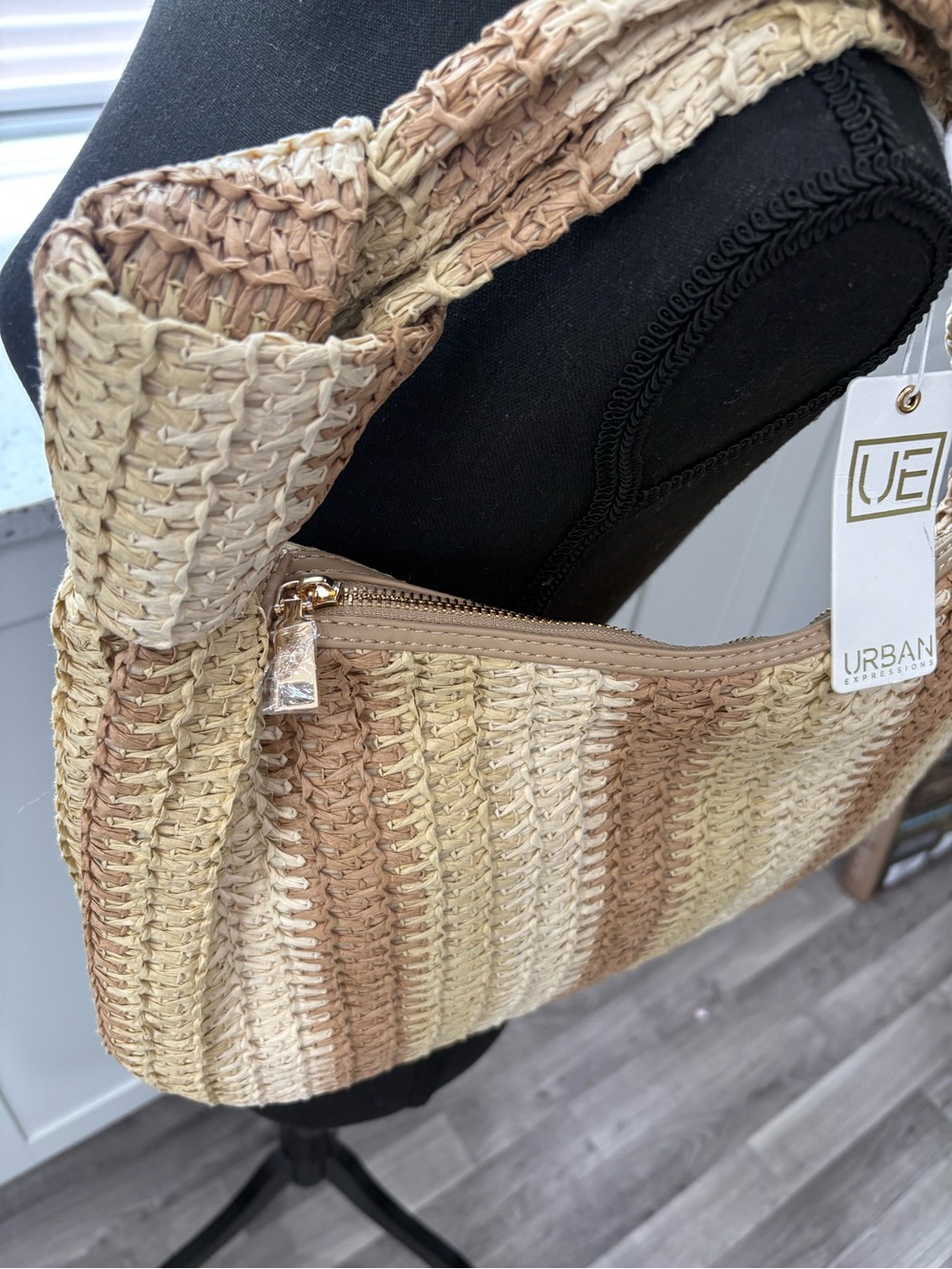 NWT Urban Expressions Woven Neutral Stripe Hobo Shoulder Bag - Picture 2 of 11